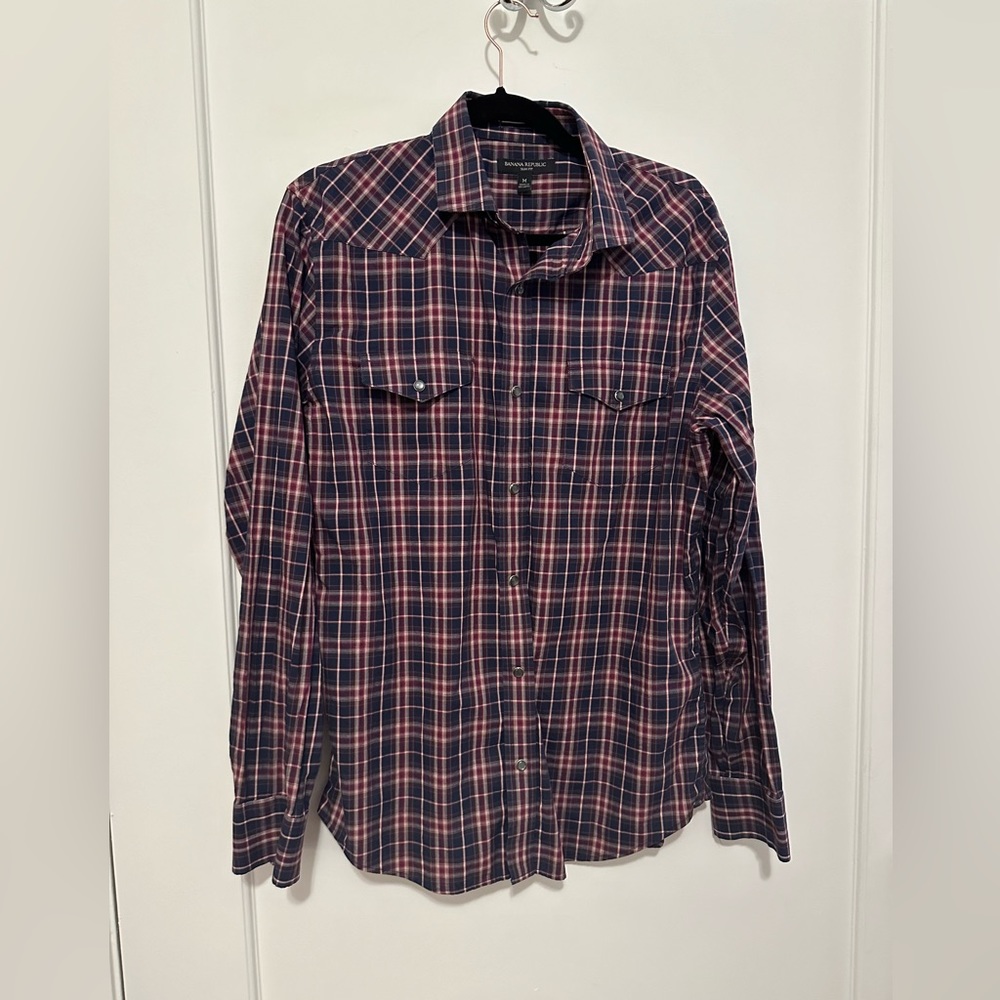 Banana Republic - Plaid button-down with pearly gray snap buttons